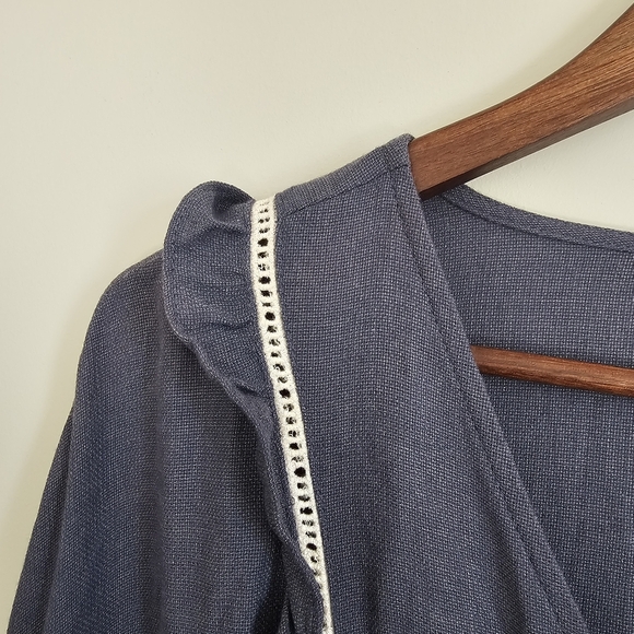 Chambray Eyelet Lace Ruggle Boho Loose Fit Peasant Blouse Western Rodeo Rayon - Picture 5 of 7